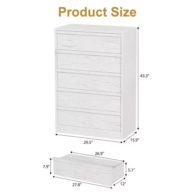 5 Drawer Dresser for Bedroom, White Drawers Tall with Large Drawers Storage, Modern Dresser Organizer
