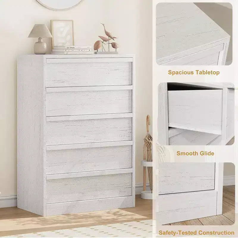 5 Drawer Dresser for Bedroom, White Drawers Tall with Large Drawers Storage, Modern Dresser Organizer