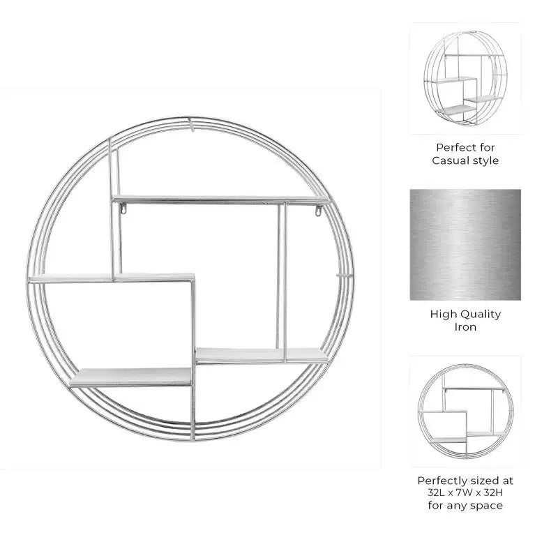 Circular Wall Shelf with Metal Frame & Wood Shelves - Round Hanging Storage Unit - Decorative Wall Organizer for Home, Office, Bedroom, Living Room