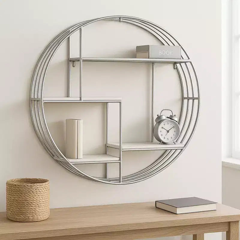 Circular Wall Shelf with Metal Frame & Wood Shelves - Round Hanging Storage Unit - Decorative Wall Organizer for Home, Office, Bedroom, Living Room