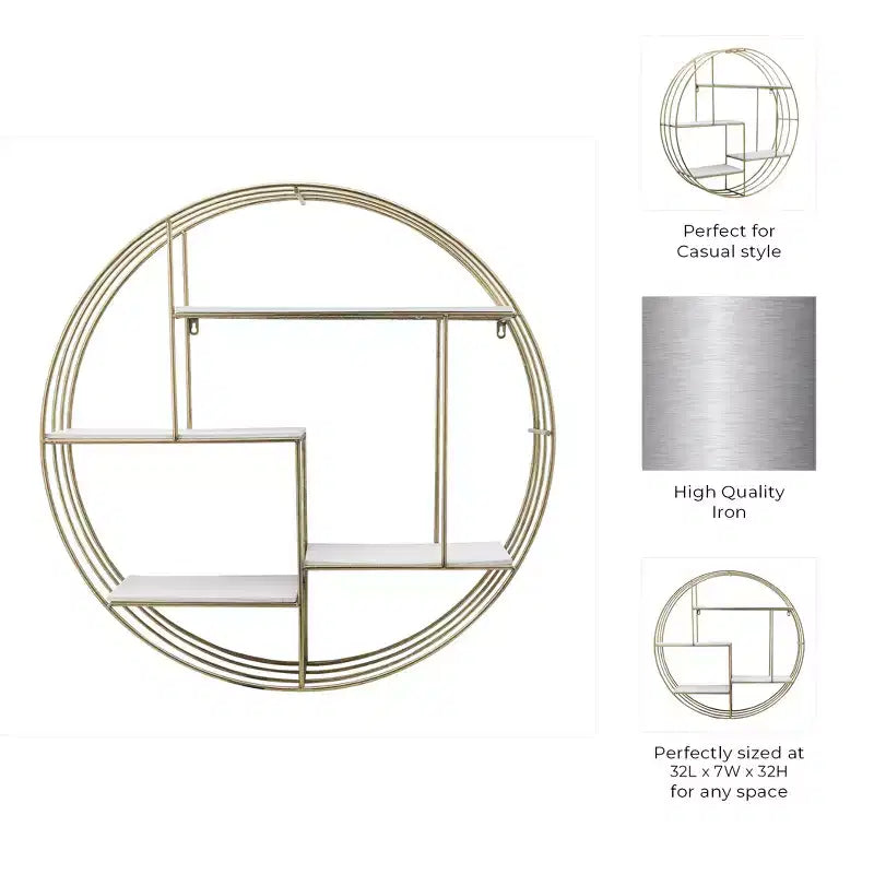 Circular Wall Shelf with Metal Frame & Wood Shelves - Round Hanging Storage Unit - Decorative Wall Organizer for Home, Office, Bedroom, Living Room