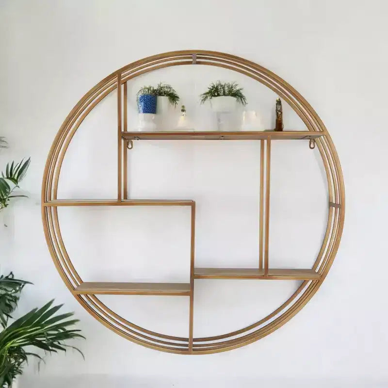 Circular Wall Shelf with Metal Frame & Wood Shelves - Round Hanging Storage Unit - Decorative Wall Organizer for Home, Office, Bedroom, Living Room