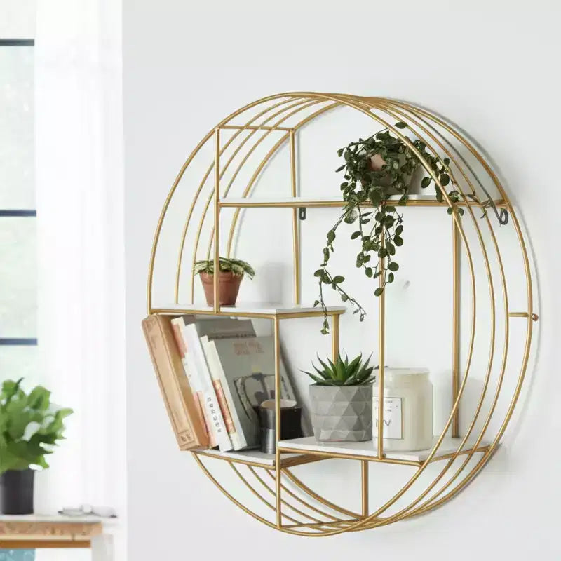 Circular Wall Shelf with Metal Frame & Wood Shelves - Round Hanging Storage Unit - Decorative Wall Organizer for Home, Office, Bedroom, Living Room