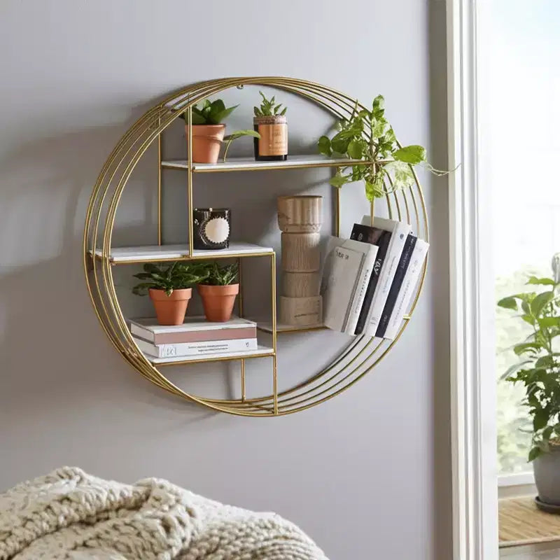 Circular Wall Shelf with Metal Frame & Wood Shelves - Round Hanging Storage Unit - Decorative Wall Organizer for Home, Office, Bedroom, Living Room