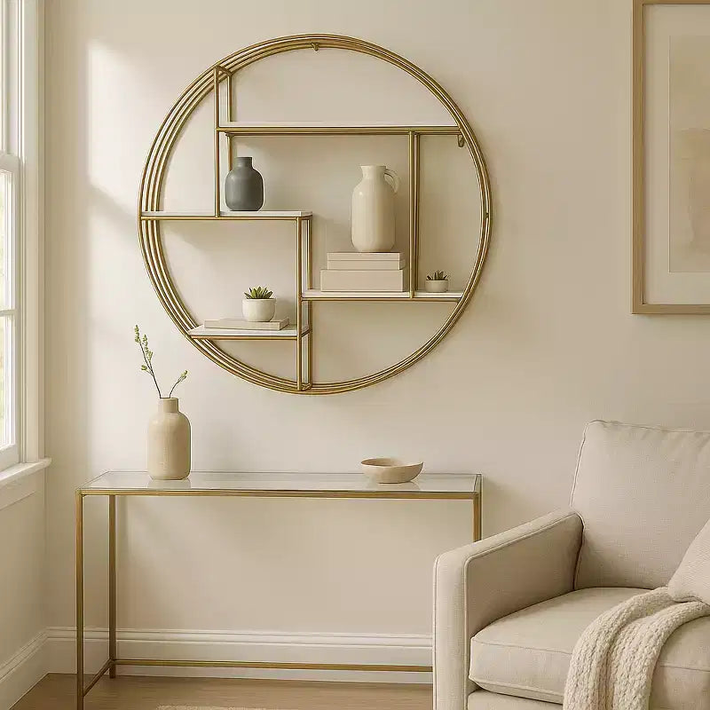 Circular Wall Shelf with Metal Frame & Wood Shelves - Round Hanging Storage Unit - Decorative Wall Organizer for Home, Office, Bedroom, Living Room