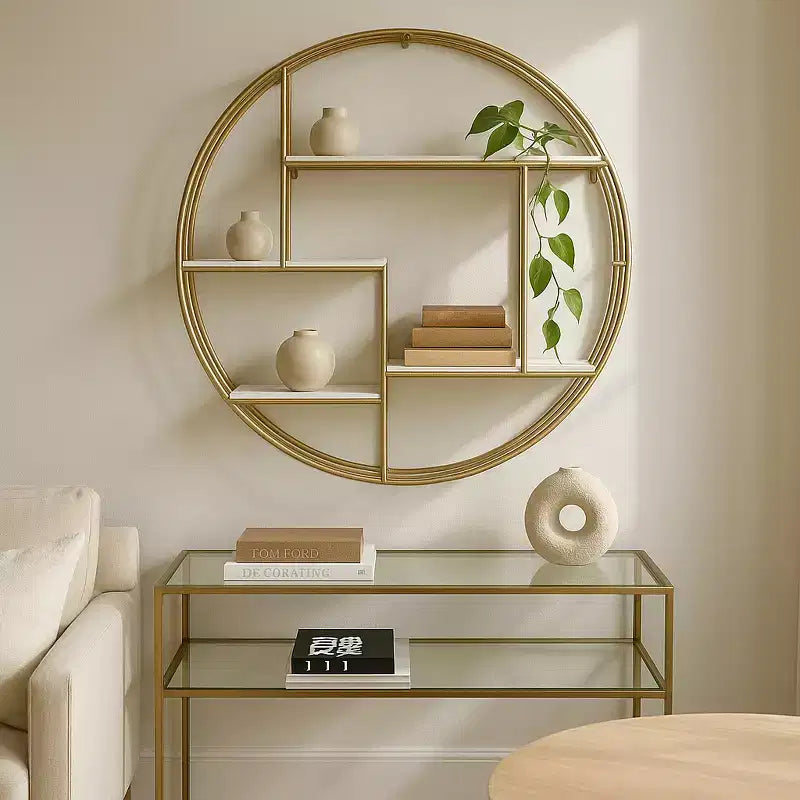 Circular Wall Shelf with Metal Frame & Wood Shelves - Round Hanging Storage Unit - Decorative Wall Organizer for Home, Office, Bedroom, Living Room