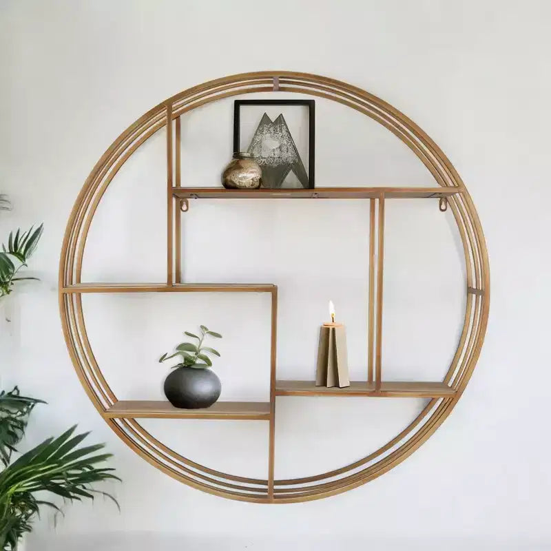 Circular Wall Shelf with Metal Frame & Wood Shelves - Round Hanging Storage Unit - Decorative Wall Organizer for Home, Office, Bedroom, Living Room