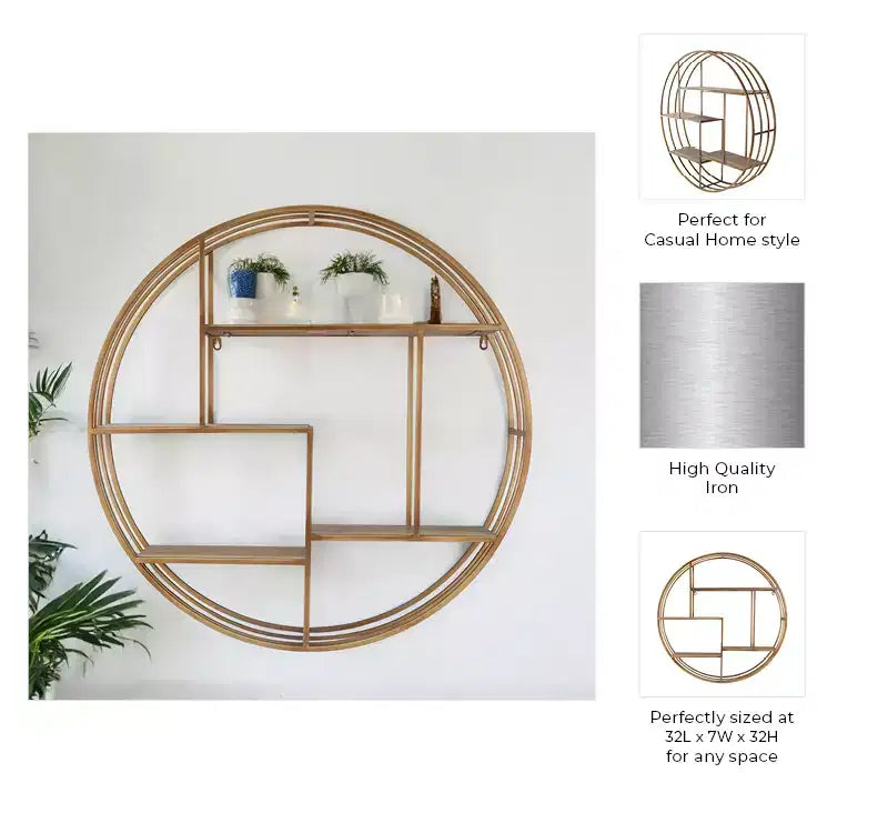 Circular Wall Shelf with Metal Frame & Wood Shelves - Round Hanging Storage Unit - Decorative Wall Organizer for Home, Office, Bedroom, Living Room