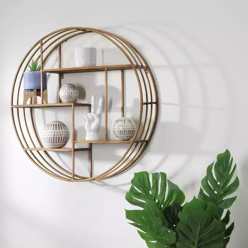 Circular Wall Shelf with Metal Frame & Wood Shelves - Round Hanging Storage Unit - Decorative Wall Organizer for Home, Office, Bedroom, Living Room