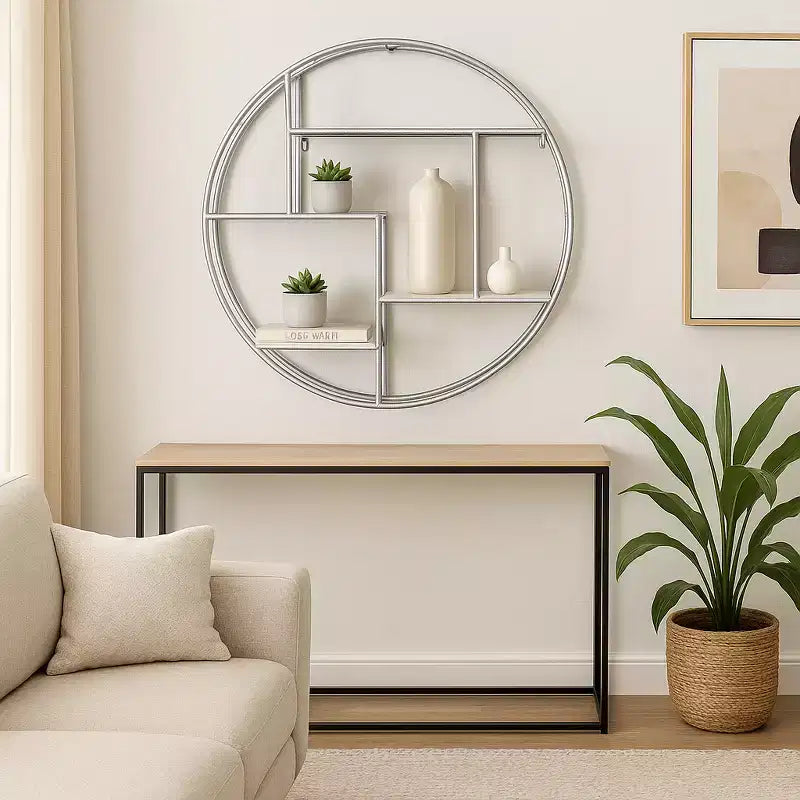 Circular Wall Shelf with Metal Frame & Wood Shelves - Round Hanging Storage Unit - Decorative Wall Organizer for Home, Office, Bedroom, Living Room