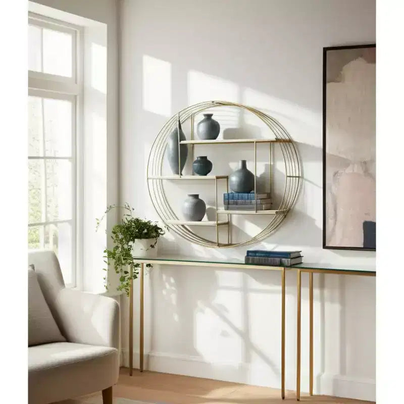 Circular Wall Shelf with Metal Frame & Wood Shelves - Round Hanging Storage Unit - Decorative Wall Organizer for Home, Office, Bedroom, Living Room