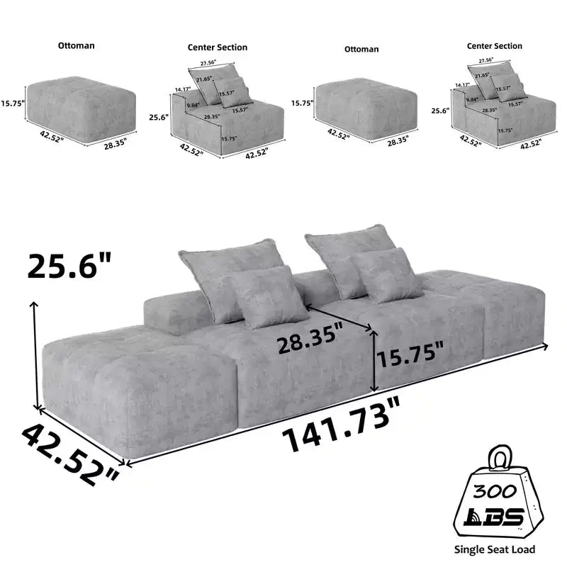 Whisen Modern Oversized Modular Sectional Sofa with 2 Ottoman, 2 Seat Sparkling Chenille Fabric and 4 Pillows, 4-Piece DIY Combination