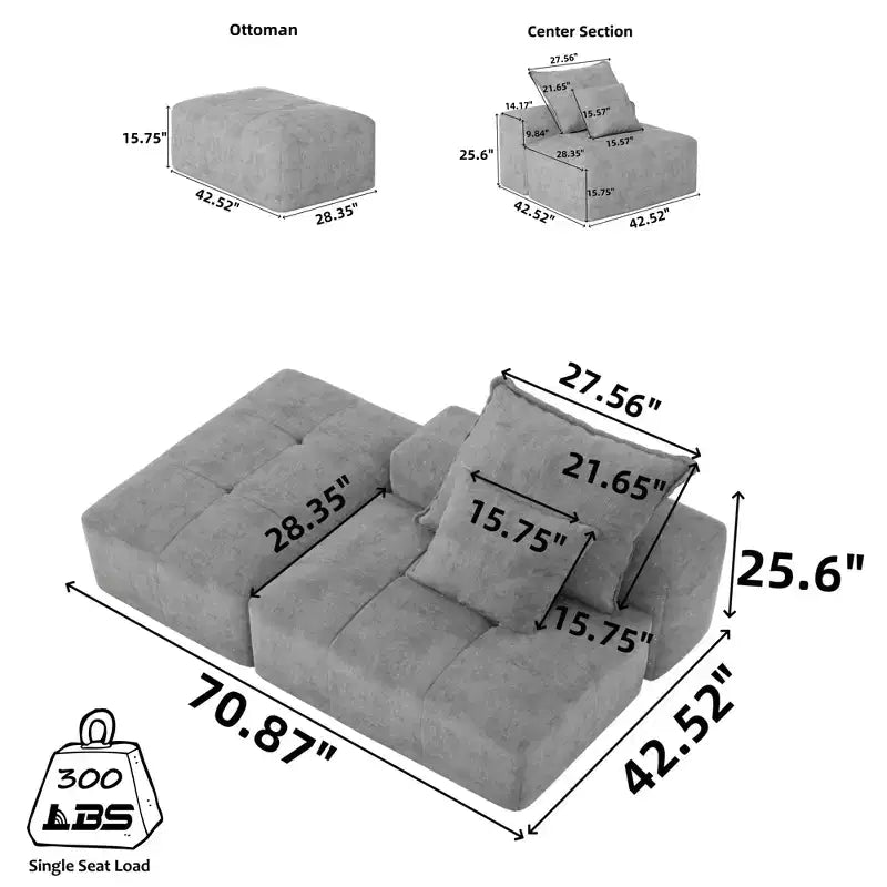 Whisen Modern Oversized Modular Sectional Sofa with 2 Ottoman, 2 Seat Sparkling Chenille Fabric and 4 Pillows, 4-Piece DIY Combination