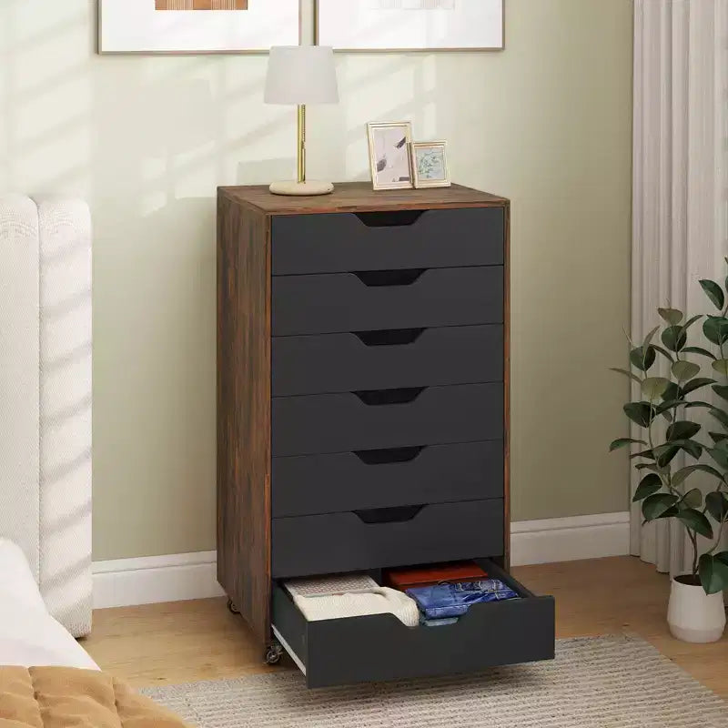 Costway 7-Drawer Chest Mobile File Cabinet Vertical Filing Organizer with Lockable Wheels Walnut/Brown/White/Black