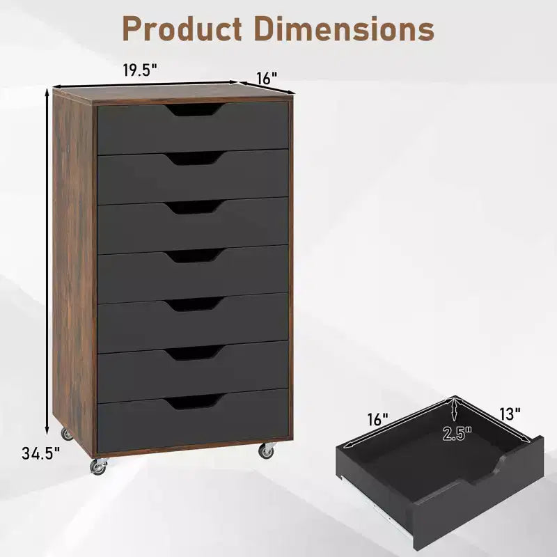 Costway 7-Drawer Chest Mobile File Cabinet Vertical Filing Organizer with Lockable Wheels Walnut/Brown/White/Black