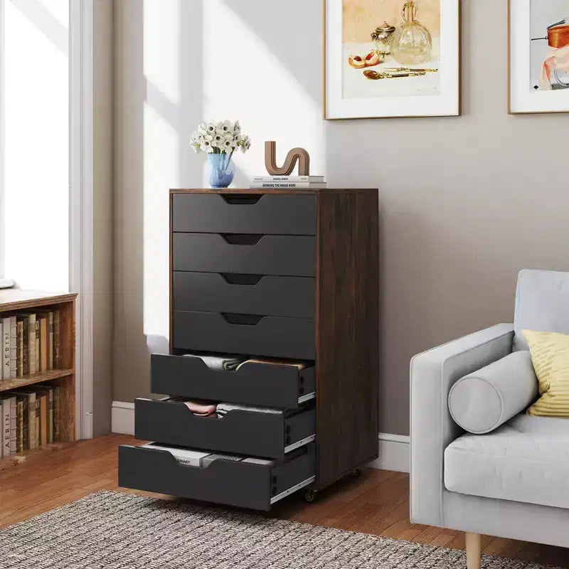 Costway 7-Drawer Chest Mobile File Cabinet Vertical Filing Organizer with Lockable Wheels Walnut/Brown/White/Black