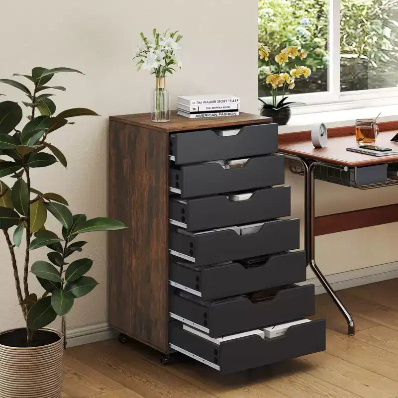 Costway 7-Drawer Chest Mobile File Cabinet Vertical Filing Organizer with Lockable Wheels Walnut/Brown/White/Black