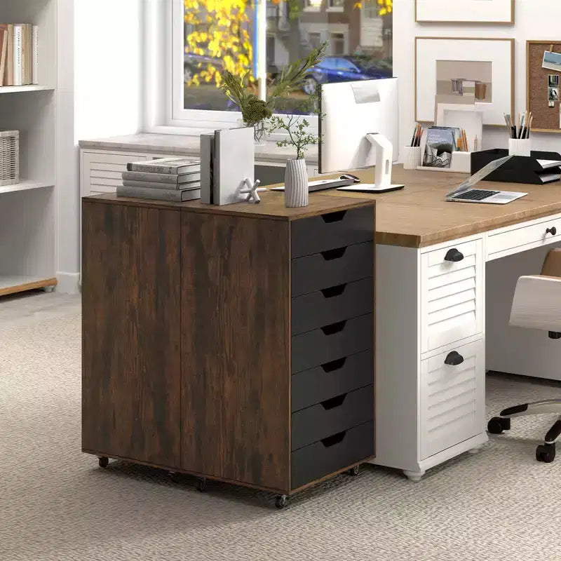 Costway 7-Drawer Chest Mobile File Cabinet Vertical Filing Organizer with Lockable Wheels Walnut/Brown/White/Black