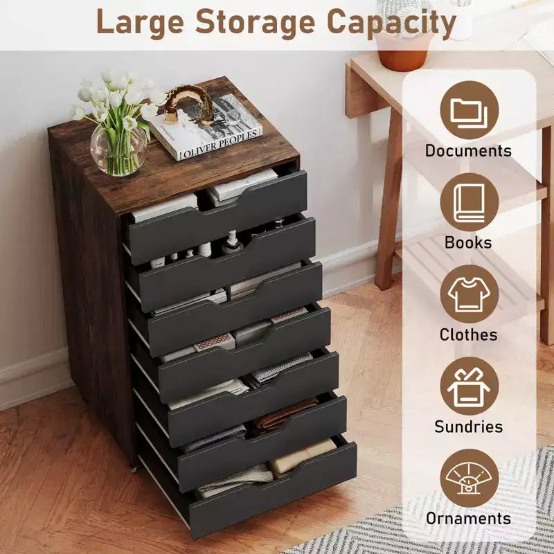 Costway 7-Drawer Chest Mobile File Cabinet Vertical Filing Organizer with Lockable Wheels Walnut/Brown/White/Black