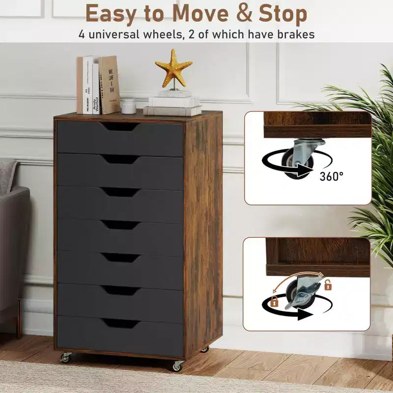 Costway 7-Drawer Chest Mobile File Cabinet Vertical Filing Organizer with Lockable Wheels Walnut/Brown/White/Black