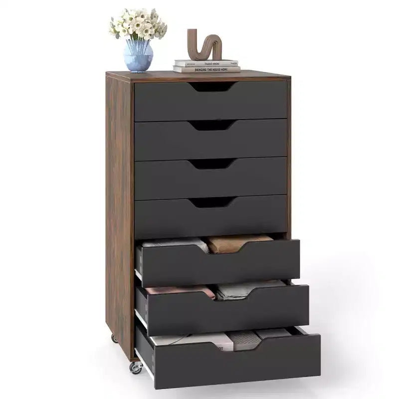 Costway 7-Drawer Chest Mobile File Cabinet Vertical Filing Organizer with Lockable Wheels Walnut/Brown/White/Black