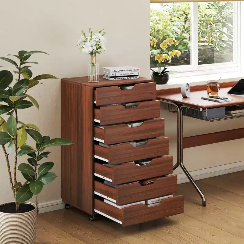 Costway 7-Drawer Chest Mobile File Cabinet Vertical Filing Organizer with Lockable Wheels Walnut/Brown/White/Black