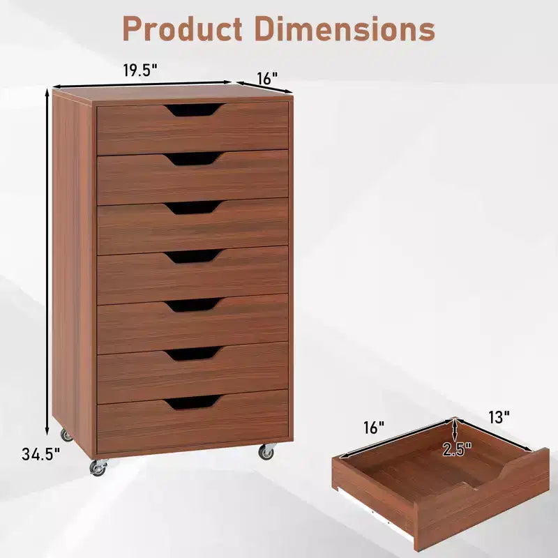 Costway 7-Drawer Chest Mobile File Cabinet Vertical Filing Organizer with Lockable Wheels Walnut/Brown/White/Black