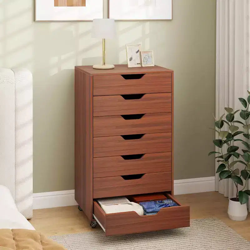 Costway 7-Drawer Chest Mobile File Cabinet Vertical Filing Organizer with Lockable Wheels Walnut/Brown/White/Black