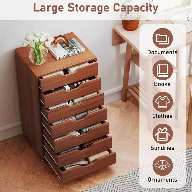 Costway 7-Drawer Chest Mobile File Cabinet Vertical Filing Organizer with Lockable Wheels Walnut/Brown/White/Black