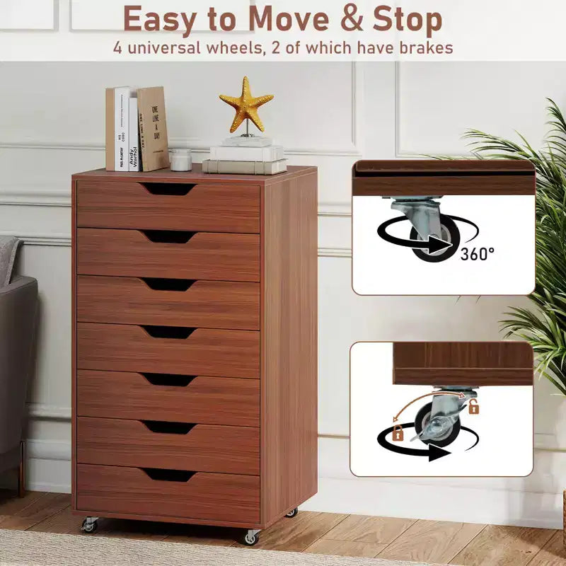 Costway 7-Drawer Chest Mobile File Cabinet Vertical Filing Organizer with Lockable Wheels Walnut/Brown/White/Black