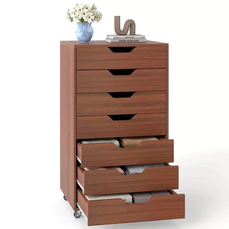 Costway 7-Drawer Chest Mobile File Cabinet Vertical Filing Organizer with Lockable Wheels Walnut/Brown/White/Black