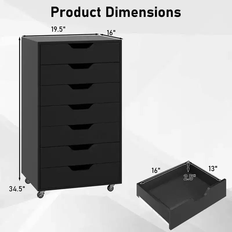 Costway 7-Drawer Chest Mobile File Cabinet Vertical Filing Organizer with Lockable Wheels Walnut/Brown/White/Black
