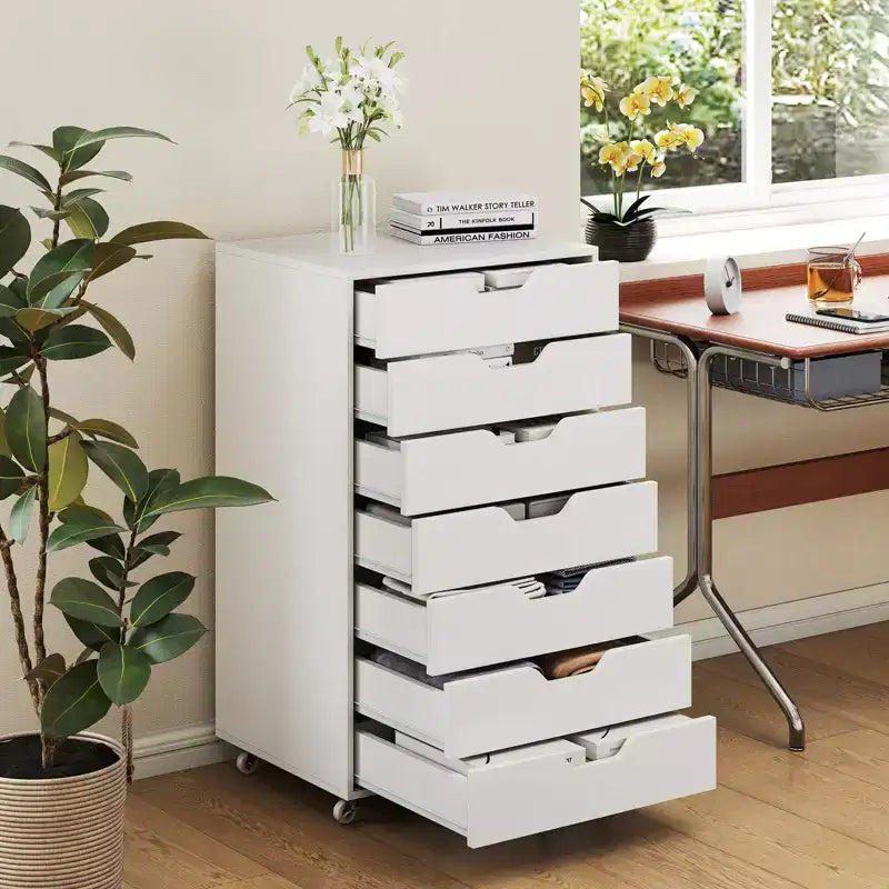 Costway 7-Drawer Chest Mobile File Cabinet Vertical Filing Organizer with Lockable Wheels Walnut/Brown/White/Black