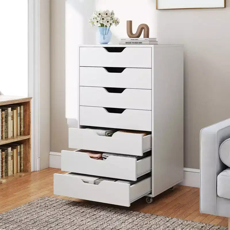 Costway 7-Drawer Chest Mobile File Cabinet Vertical Filing Organizer with Lockable Wheels Walnut/Brown/White/Black