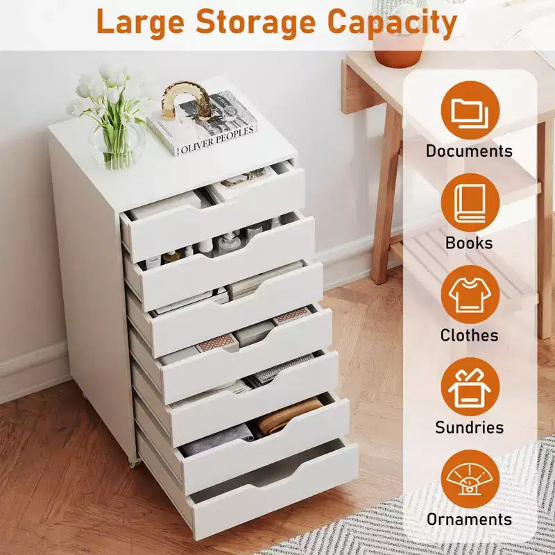 Costway 7-Drawer Chest Mobile File Cabinet Vertical Filing Organizer with Lockable Wheels Walnut/Brown/White/Black