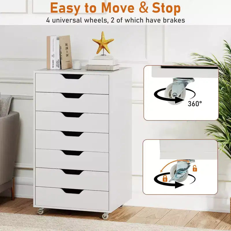 Costway 7-Drawer Chest Mobile File Cabinet Vertical Filing Organizer with Lockable Wheels Walnut/Brown/White/Black