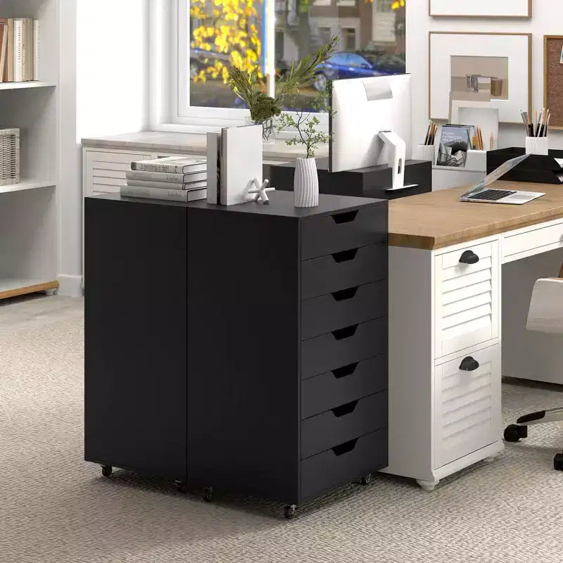 Costway 7-Drawer Chest Mobile File Cabinet Vertical Filing Organizer with Lockable Wheels Walnut/Brown/White/Black