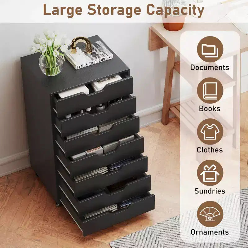 Costway 7-Drawer Chest Mobile File Cabinet Vertical Filing Organizer with Lockable Wheels Walnut/Brown/White/Black