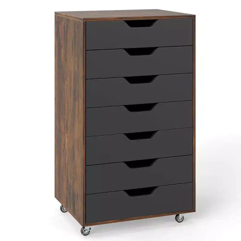 Costway 7-Drawer Chest Mobile File Cabinet Vertical Filing Organizer with Lockable Wheels Walnut/Brown/White/Black