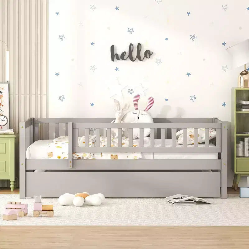 Bellemave Twin Size Wooden Daybed with Trundle, Kids Platform Bed with Fence Guardrails, Space-Saving Trundle Bed Frame for Bedroom, Gray