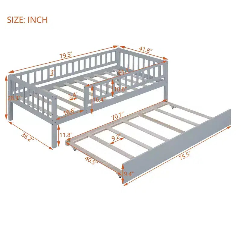 Bellemave Twin Size Wooden Daybed with Trundle, Kids Platform Bed with Fence Guardrails, Space-Saving Trundle Bed Frame for Bedroom, Gray