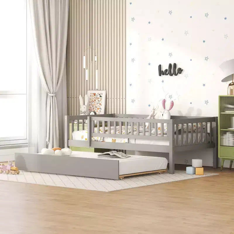 Bellemave Twin Size Wooden Daybed with Trundle, Kids Platform Bed with Fence Guardrails, Space-Saving Trundle Bed Frame for Bedroom, Gray
