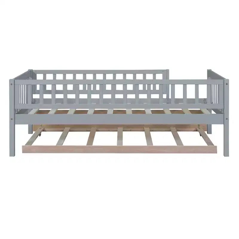 Bellemave Twin Size Wooden Daybed with Trundle, Kids Platform Bed with Fence Guardrails, Space-Saving Trundle Bed Frame for Bedroom, Gray