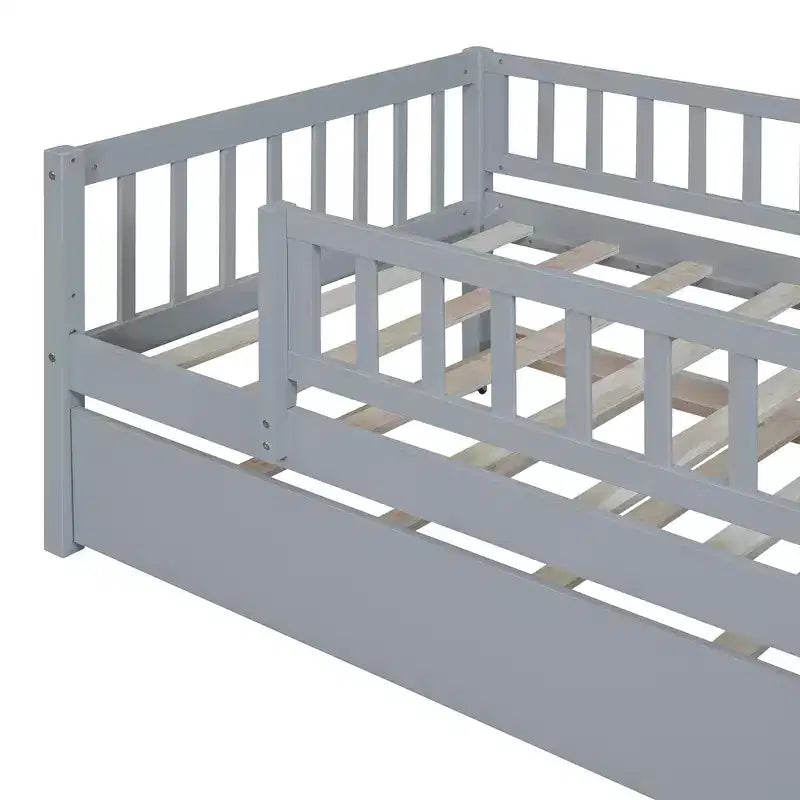 Bellemave Twin Size Wooden Daybed with Trundle, Kids Platform Bed with Fence Guardrails, Space-Saving Trundle Bed Frame for Bedroom, Gray