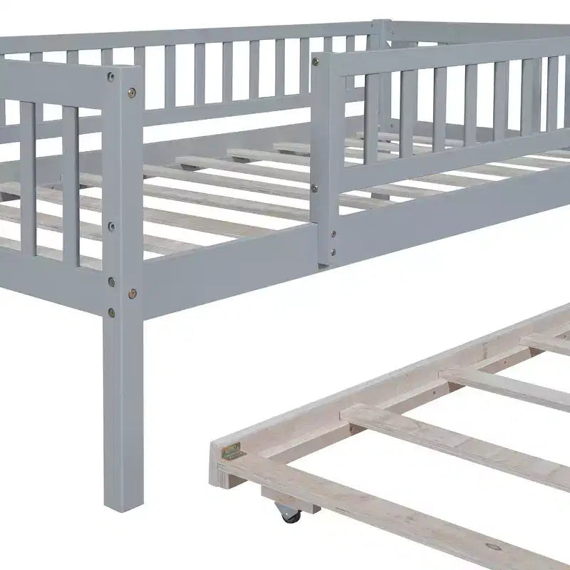 Bellemave Twin Size Wooden Daybed with Trundle, Kids Platform Bed with Fence Guardrails, Space-Saving Trundle Bed Frame for Bedroom, Gray