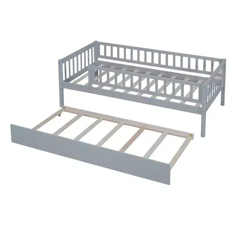 Bellemave Twin Size Wooden Daybed with Trundle, Kids Platform Bed with Fence Guardrails, Space-Saving Trundle Bed Frame for Bedroom, Gray