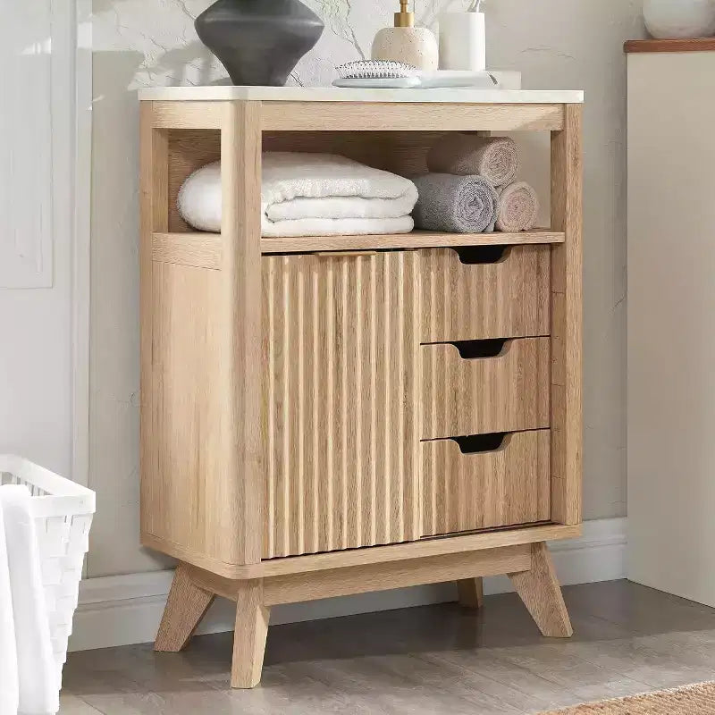 Dcolora Bathroom Floor Cabinet with Sliding Door, Modern Fluted 3 Drawers Storage Organizer