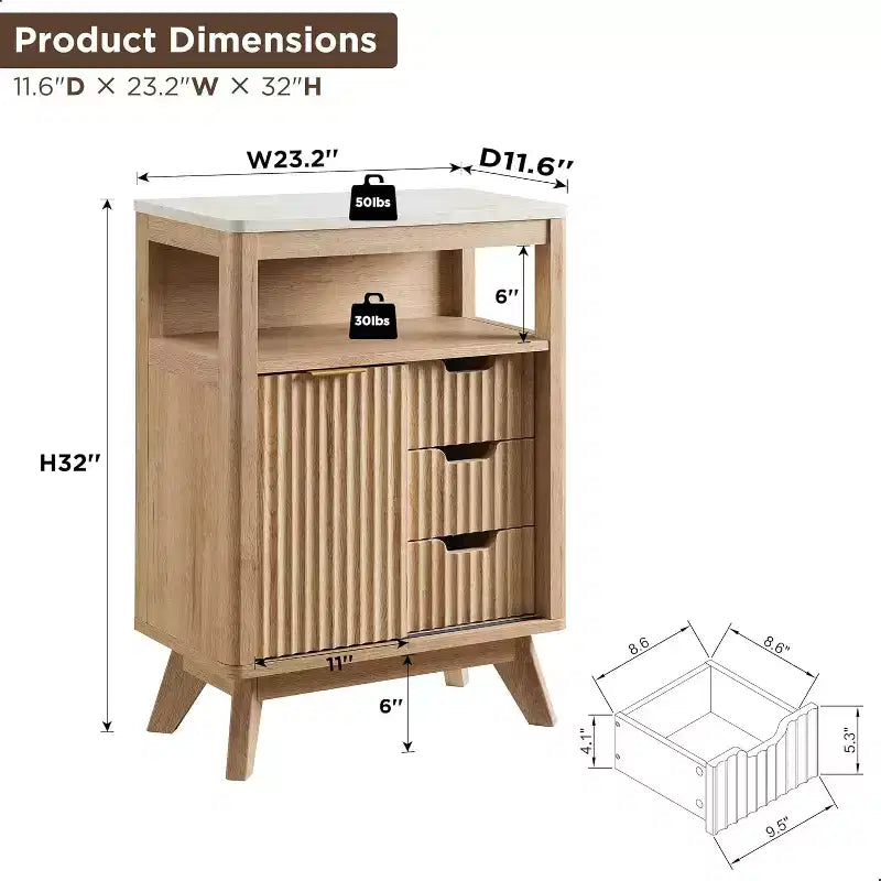 Dcolora Bathroom Floor Cabinet with Sliding Door, Modern Fluted 3 Drawers Storage Organizer