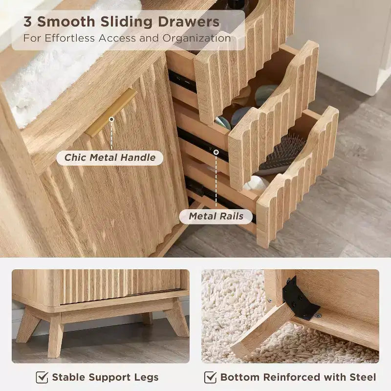 Dcolora Bathroom Floor Cabinet with Sliding Door, Modern Fluted 3 Drawers Storage Organizer