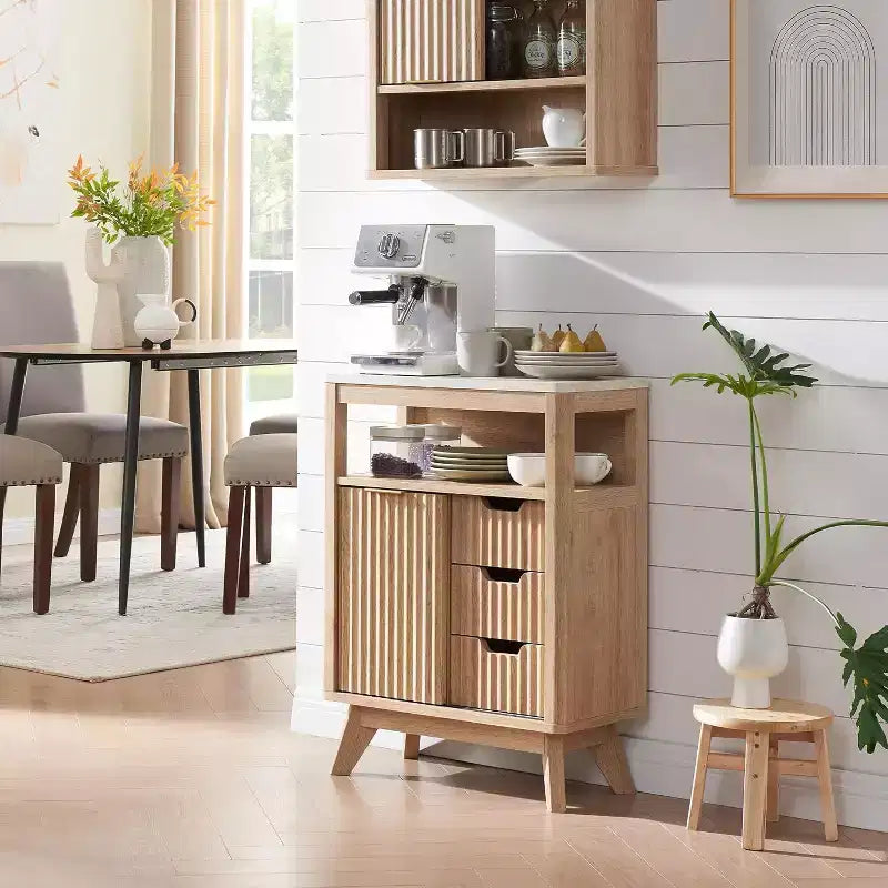 Dcolora Bathroom Floor Cabinet with Sliding Door, Modern Fluted 3 Drawers Storage Organizer